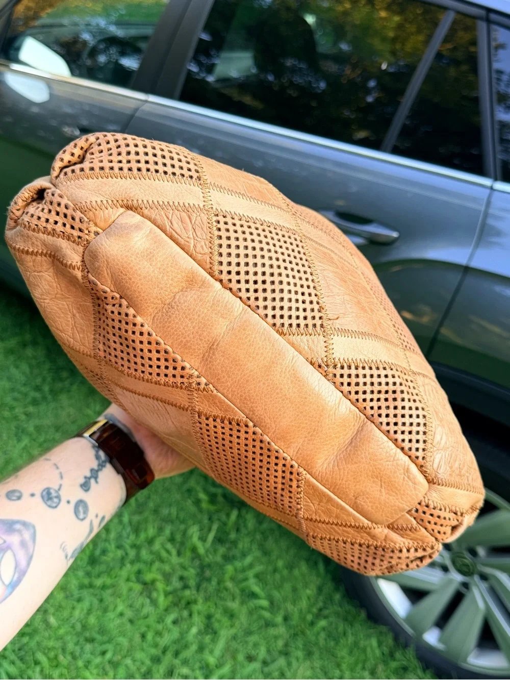 b. makowsky Tan Patchwork Leather Hobo with Chain Accent